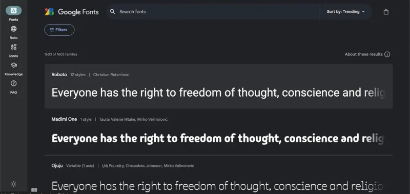 Google Fonts weboldala